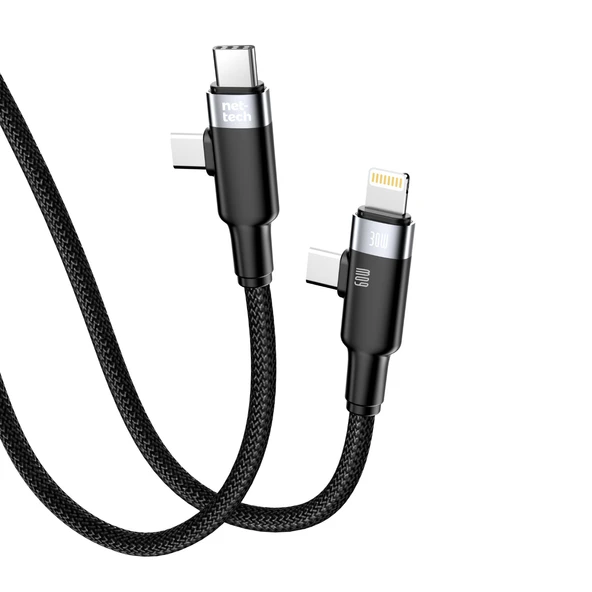 Nettech NT-DC45 60W+30W Plastik 100 Cm Type-C To Type-C+Lightning Şarj ve Data Kablosu (Siyah) ürün görseli 1