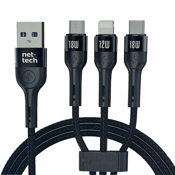 Nettech NT-DC13 İp Örgü 100 Cm USB To Micro + Lightning + Type-C Şarj ve Data Kablosu ürün görseli 1