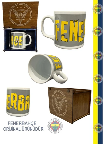 Fenerbahçe Lisanslı Kupa Sarı - Gri Mug Hediyelik Ahşap Kutulu ürün görseli 1