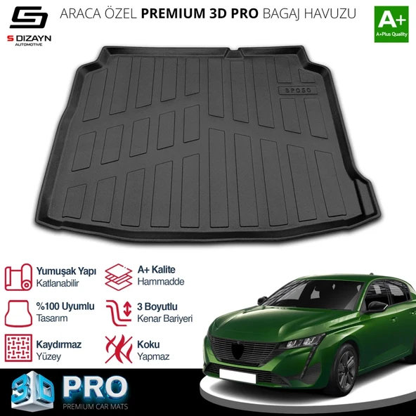 S-Dizayn Peugeot 308 3D Pro Bagaj Havuzu 2013-2021 A+ Kalite ürün görseli 1