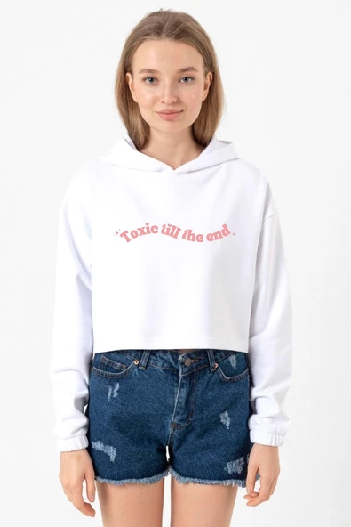 Rose Toxic Till The End Beyaz Optik Kadın Crop Kapşonlu ürün görseli 1
