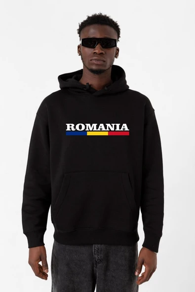 Romania Flag Lettern Siyah Erkek 3ip Kapşonlu Sweatshirt ürün görseli 1