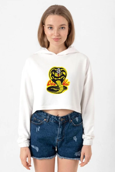 Cobra Kai Logo Ekru Kadın Crop Kapşonlu ürün görseli 1