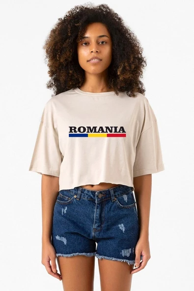 Romania Flag Lettern Bej Kadın Crop Tshirt ürün görseli 1
