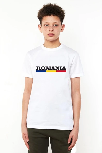 Romania Flag Lettern Beyaz Çocuk Bisikletyaka Tshirt ürün görseli 1