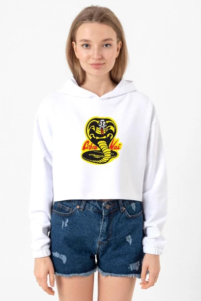 Cobra Kai Logo Beyaz Optik Kadın Crop Kapşonlu ürün görseli 1