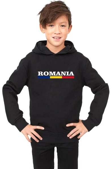 Romania Flag Lettern Siyah Çocuk 3ip Kapşonlu ürün görseli 1