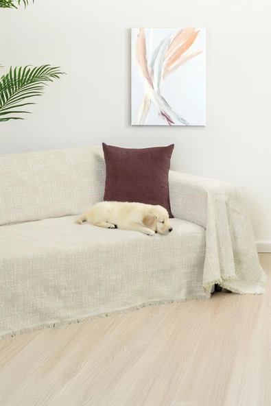 PureCot Premium Pamuklu Püsküllü Koltuk Örtüsü 180x220 Çift Taraflı Terletmez Kaymaz , Krem ürün görseli 1