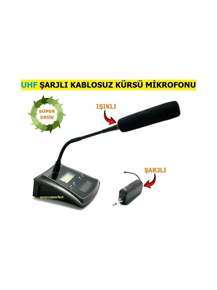 Uhf Telsiz Kablosuz Kürsü Mikrofonu (Şarjlı - Işıklı - Yüksek Kalite Ses) ürün görseli 1