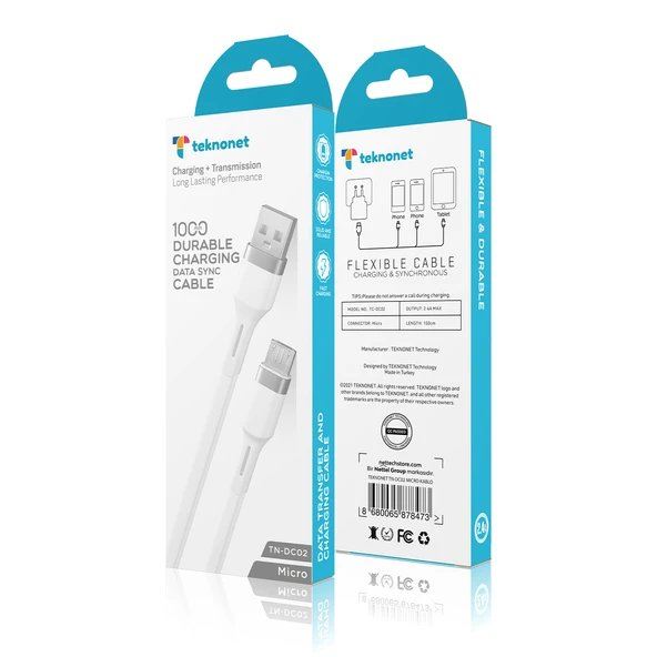 Teknonet TN-DC02 Plastik 100 Cm Micro Şarj ve Data Kablosu (Beyaz) - Resim 3