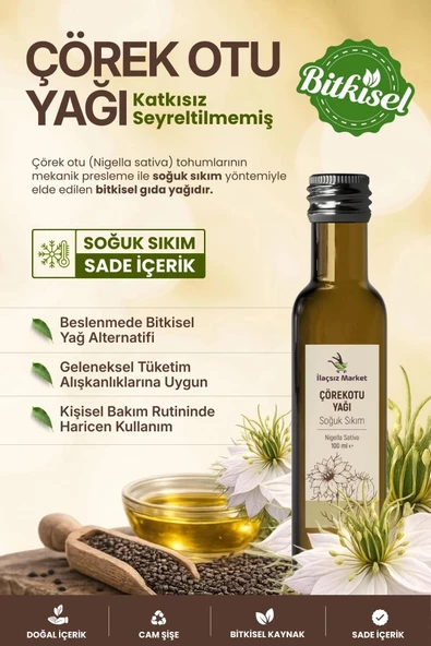 ÇÖREK OTU YAĞI SOĞUK SIKIM (Nigella Sativa) – %100 Saf & Doğal / 100 ml ürün görseli 1