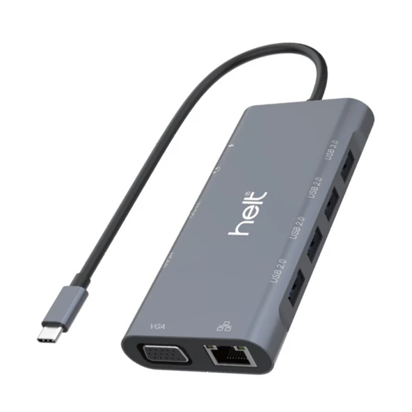 Helt HT-OT01 USB + Hdmı + Vga + Type-C + Jack + Ethernet + Sd Kart To Type-c Dönüştürücü (Gri) ürün görseli 1