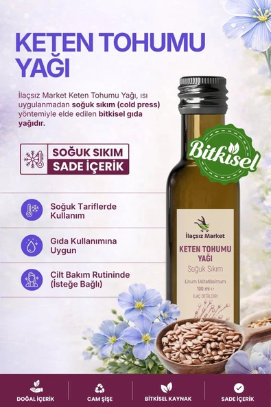 KETEN TOHUMU YAĞI SOĞUK SIKIM (Linum usitatissimum) – %100 Saf & Doğal / 100 ml ürün görseli 1