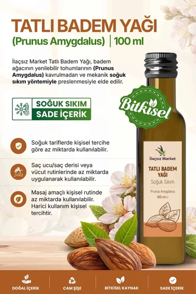 TATLI BADEM YAĞI SOĞUK SIKIM (Prunus amygdalus dulcis) – %100 Saf & Doğal / 100 ml ürün görseli 1