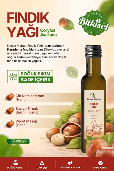 FINDIK YAĞI SOĞUK SIKIM (Corylus avellana) – %100 Saf & Doğal / 100 ml ürün görseli 1