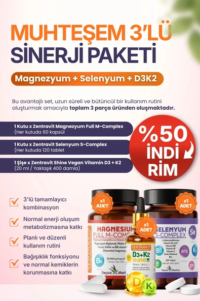 3'lü Sinerji Paketi: Magnezyum M-Complex + Selenyum S-Complex + Vegan D3K2 ürün görseli 1