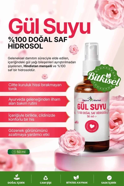 DOĞAL GÜL SUYU (Hindistan Menşeili & Yağı Alınmamış Saf Hidrosol) / 50 ml ürün görseli 1