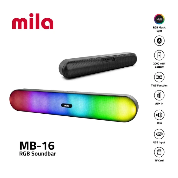 Classone Mila Soundbar MB-16 Serisi, RGB Işıklı Bluetooth Hoparlör ürün görseli 1