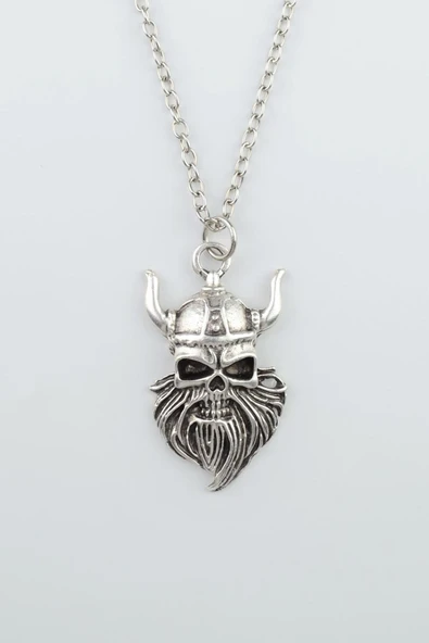 Viking Sakallı Kuru Kafa Gümüş Kaplama Düz Zincir Kolye ürün görseli 1