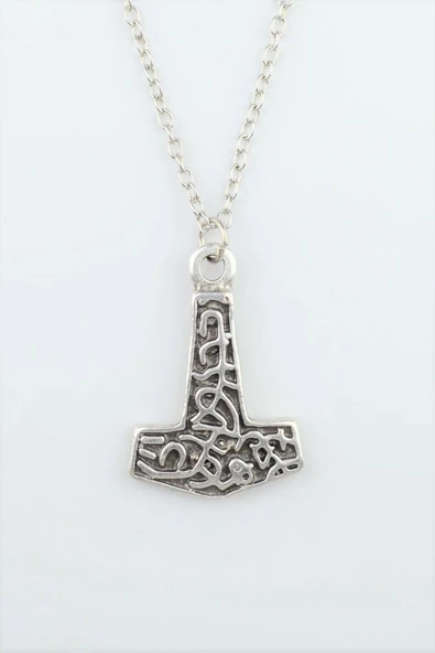 Thor Mjollnir Hammer Gümüş Kaplama Düz Zincir Kolye ürün görseli 1
