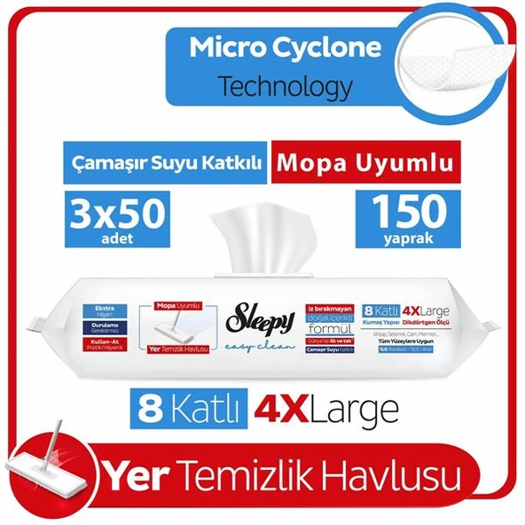 Sleepy Easy Clean Çamaşır Suyu Katkılı Mopa Uyumlu Yer Temizlik Havlusu 3x50 (150 Yaprak) ürün görseli 1