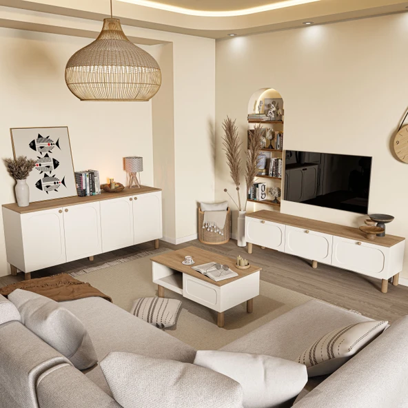 Mezza Set 1280-2100-1700 Monza Membran (Mdf Kapaklı) Bohem Tv Ünitesi-Orta Sehpa-Konsol Seti Sepet-Beyaz ürün görseli 1