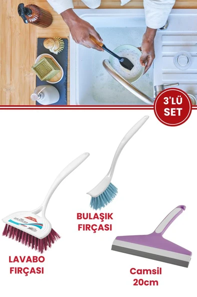 Flora 3’lü Trendy Temizlik Seti, F367 Bulaşık Fırçası + F388 Lavabo Küvet Fırçası + F009 Camsil Seti ürün görseli 1