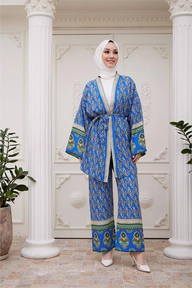 Dipmoda kadın ithal kumaş tesettür kimono takım DPSMS020 - Mavi ürün görseli 1