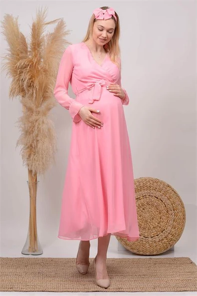 kadın pudra kruvaze yaka baby shower şifon hamile elbise HML003 ürün görseli 1