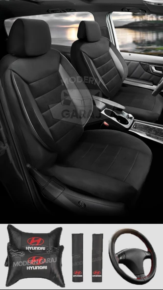 Hyundai Accent Bayon i20 i30 Getz i35 Uyumlu Siyah Tay Tüyü Ön Arka Full Takım Koltuk Kılıfı Boyun Yastığı Kemer Koforu Direksiyon Kılıfı Seti ürün görseli 1