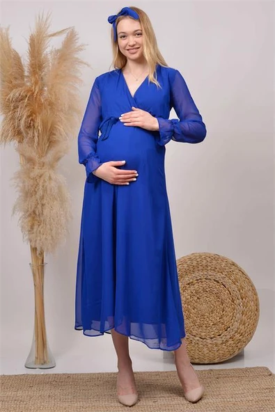 kadın saks mavisi baby shower şifon hamile elbise DPHML003 ürün görseli 1