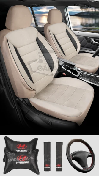 Hyundai Accent Bayon i20 i30 Getz i35 Uyumlu Krem Tay Tüyü Ön Arka Full Takım Koltuk Kılıfı Boyun Yastığı Kemer Koforu Direksiyon Kılıfı Seti ürün görseli 1