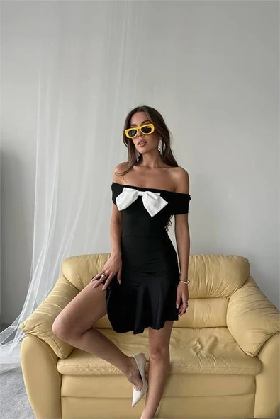 Dipmoda kadın mini boy likralı fiyonk elbise DPDF038 ürün görseli 1