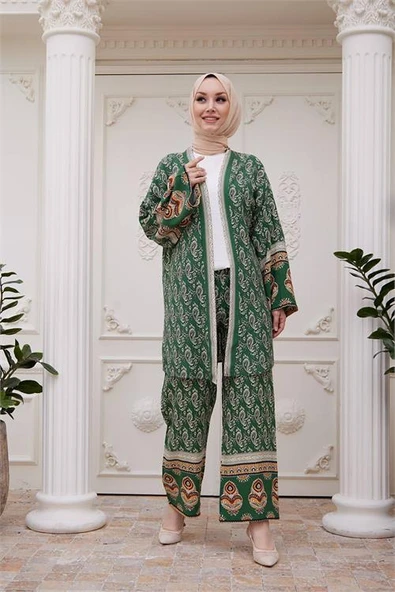 Dipmoda kadın ithal kumaş tesettür kimono takım SMS020 - Yeşil ürün görseli 1