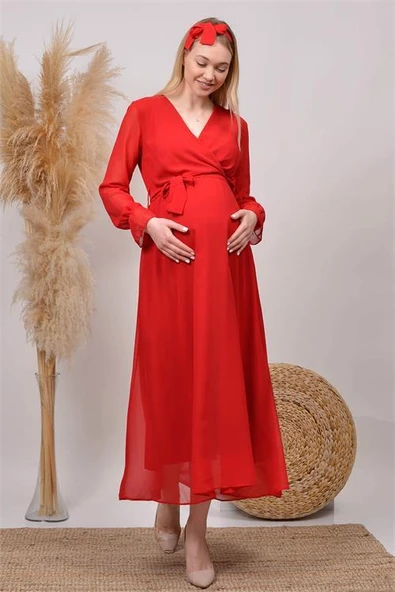 kadın kırmızı baby shower şifon hamile elbise DPHML003 ürün görseli 1