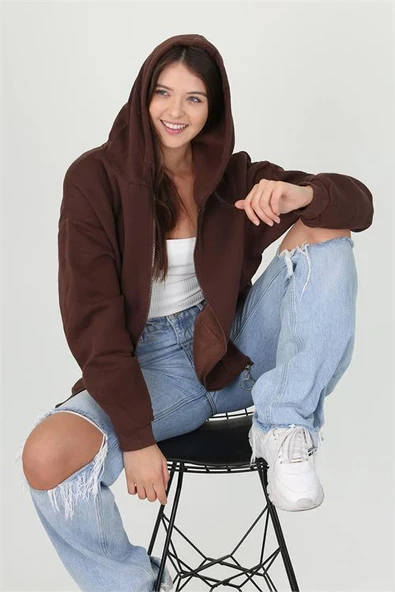 Dipmoda kadın kapüşonlu cep ve fermuar detaylı sweatshirt DPFVR003 ürün görseli 1