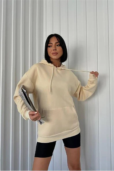 Dipmoda kadın bej kapüşonlu kanguru cepli üç iplik sweatshirt FVR002 ürün görseli 1
