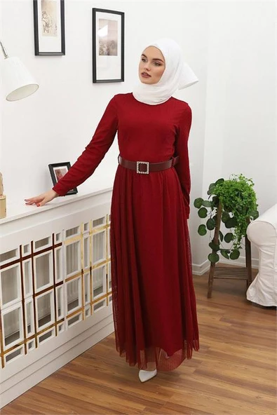 Dipmoda kadın tül kemerli tesettür elbise DPRSSN45 - Bordo ürün görseli 1