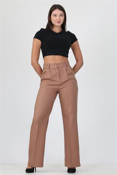 Dipmoda kadın camel yüksek bel cepli palazzo kumaş pantalon DPELA001 ürün görseli 1