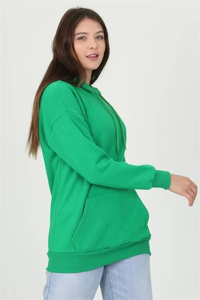 Dipmoda kadın yeşil kapüşonlu kanguru cepli üç iplik sweatshirt FVR002 ürün görseli 1