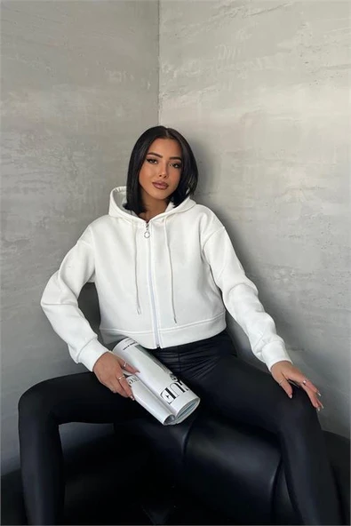 Dipmoda kadın kapüşonlu kısa sweatshirt DPGTS025 - Ekru - Resim 2