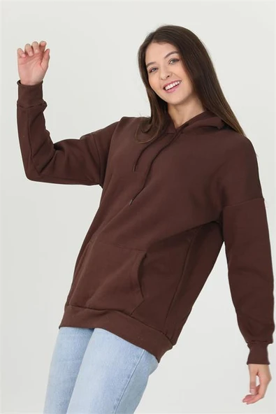 Dipmoda kadın kahverengi kapüşonlu kanguru cepli üç iplik sweatshirt FVR002 ürün görseli 1