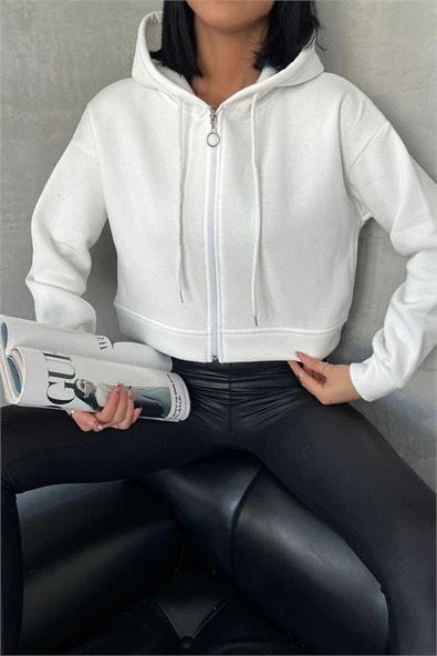 Dipmoda kadın kapüşonlu kısa sweatshirt DPGTS025 - Ekru ürün görseli 1