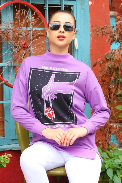 Dipmoda Kadın El Baskılı Salaş Sweatshirt DP7023 - Resim 2