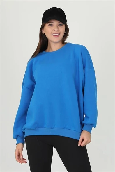 Dipmoda kadın mavi oversize bisiklet yaka şardonlu sweatshirt FVR001 ürün görseli 1