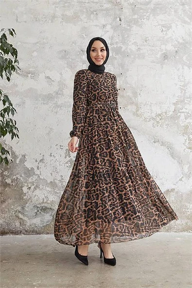Dipmoda kadın leopar desenli ithal kumaş tesettür şifon elbise DPSMS028 ürün görseli 1