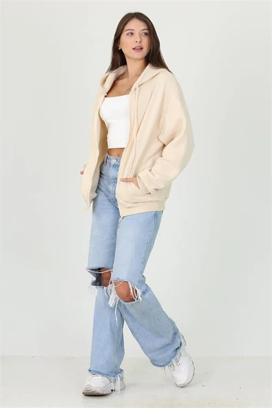 Dipmoda kadın kapüşonlu cep ve fermuar detaylı sweatshirt DPFVR003 ürün görseli 1