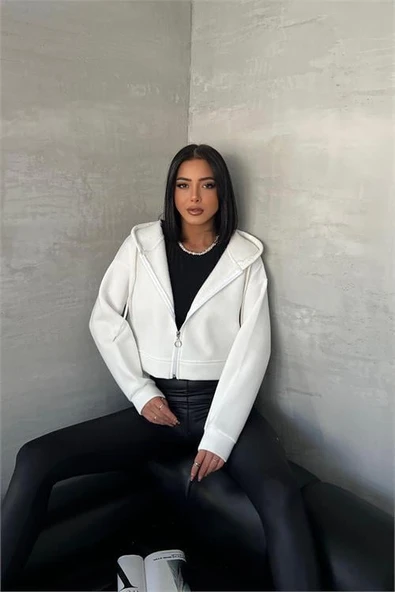 Dipmoda kadın kapüşonlu kısa sweatshirt DPGTS025 - Ekru - Resim 3
