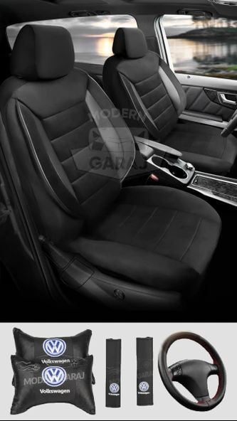 Volkswagen Polo Golf Jetta Bora Passat Tiguan Uyumlu Siyah Tay Tüyü Ön Arka Full Takım Koltuk Kılıfı Boyun Yastığı Kemer Koforu Direksiyon Kılıfı Seti ürün görseli 1