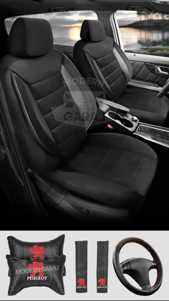 Peugeot 106, 107, 205, 206, 207, 208, 396, 307, 308 Uyumlu Siyah Tay Tüyü Ön Arka Full Takım Koltuk Kılıfı Boyun Yastığı Kemer Koforu Direksiyon Kılıfı Seti ürün görseli 1